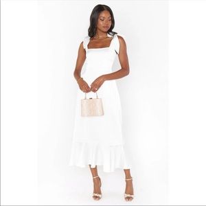 Show Me Your Mumu Garden Midi Dress in Ivory Luxe Satin